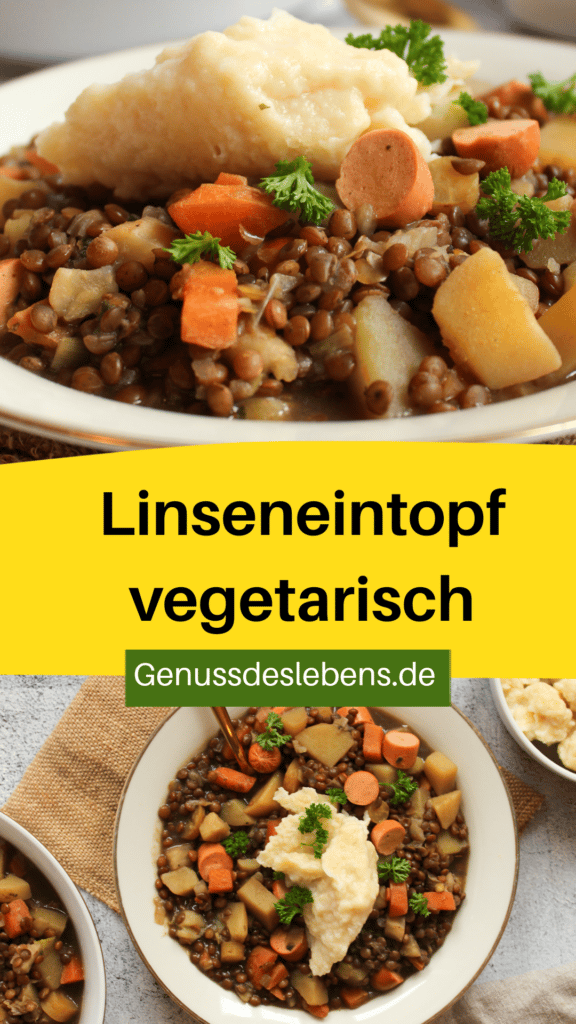Linseneintopf vegetarisch mit Mehlspatzen und veggie Wienern