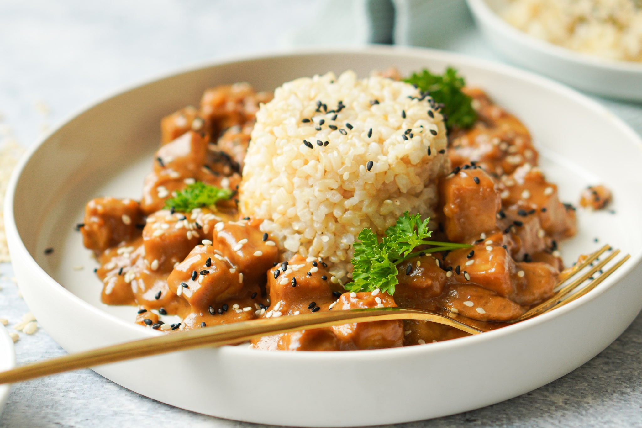 Erdnuss Tofu Curry mit Reis | vegan