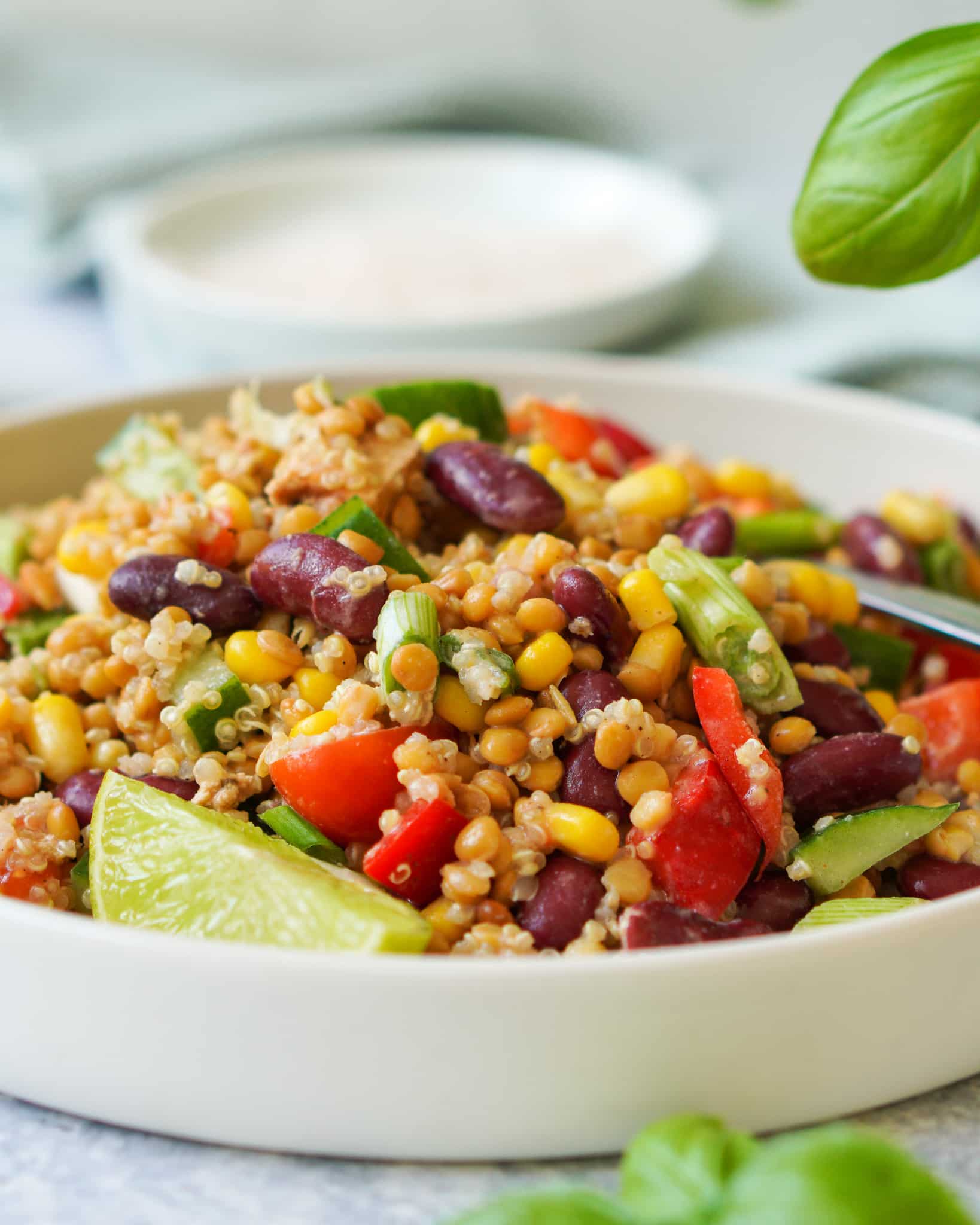 Auf dem Bild zusehen ist ein Salat mit Hülsenfrüchten und roten Bohnen