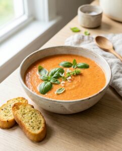 Cremige Tomatensuppe mit Basilikum und Crostini