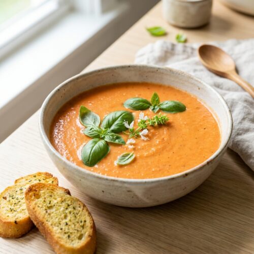 Cremige Tomatensuppe mit Basilikum und Crostini