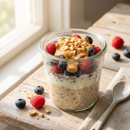 Protein-Overnight-Oats mit Beeren und Erdnussmus