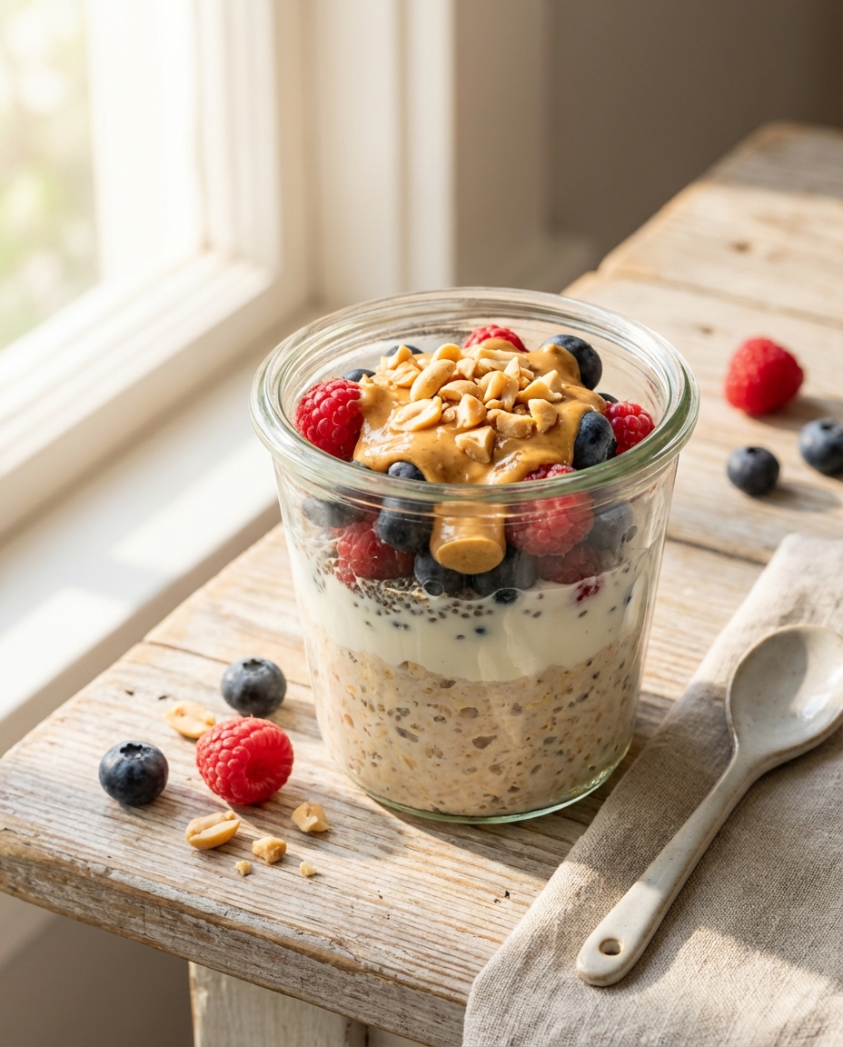 Protein-Overnight-Oats mit Beeren und Erdnussmus