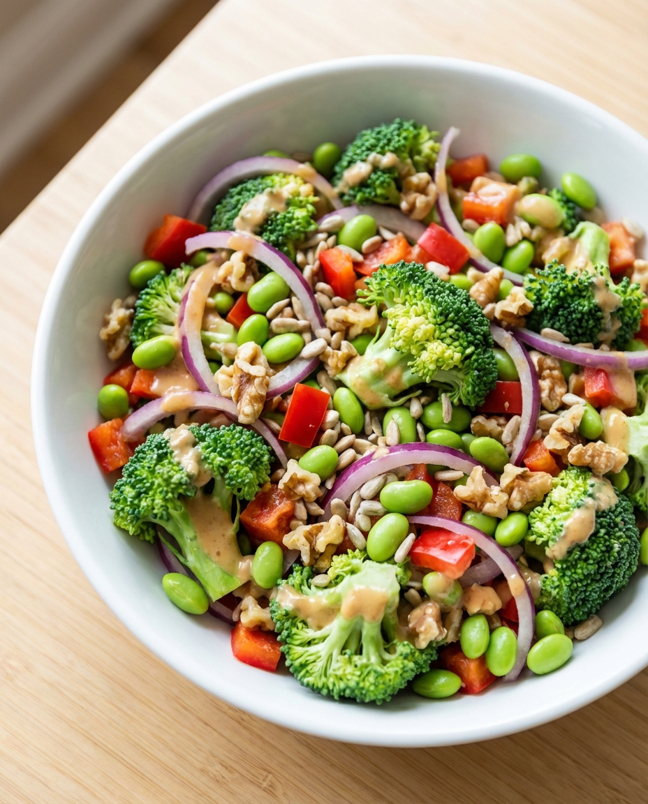 Brokkolisalat mit cremigem Erdnuss-Dressing