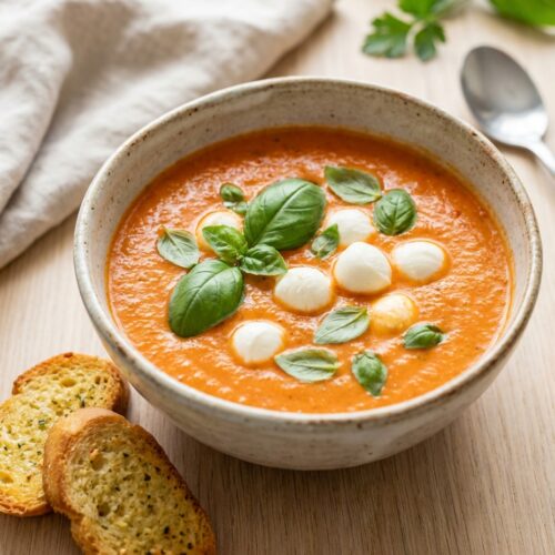Cremige Tomatensuppe mit Basilikum und Crostini