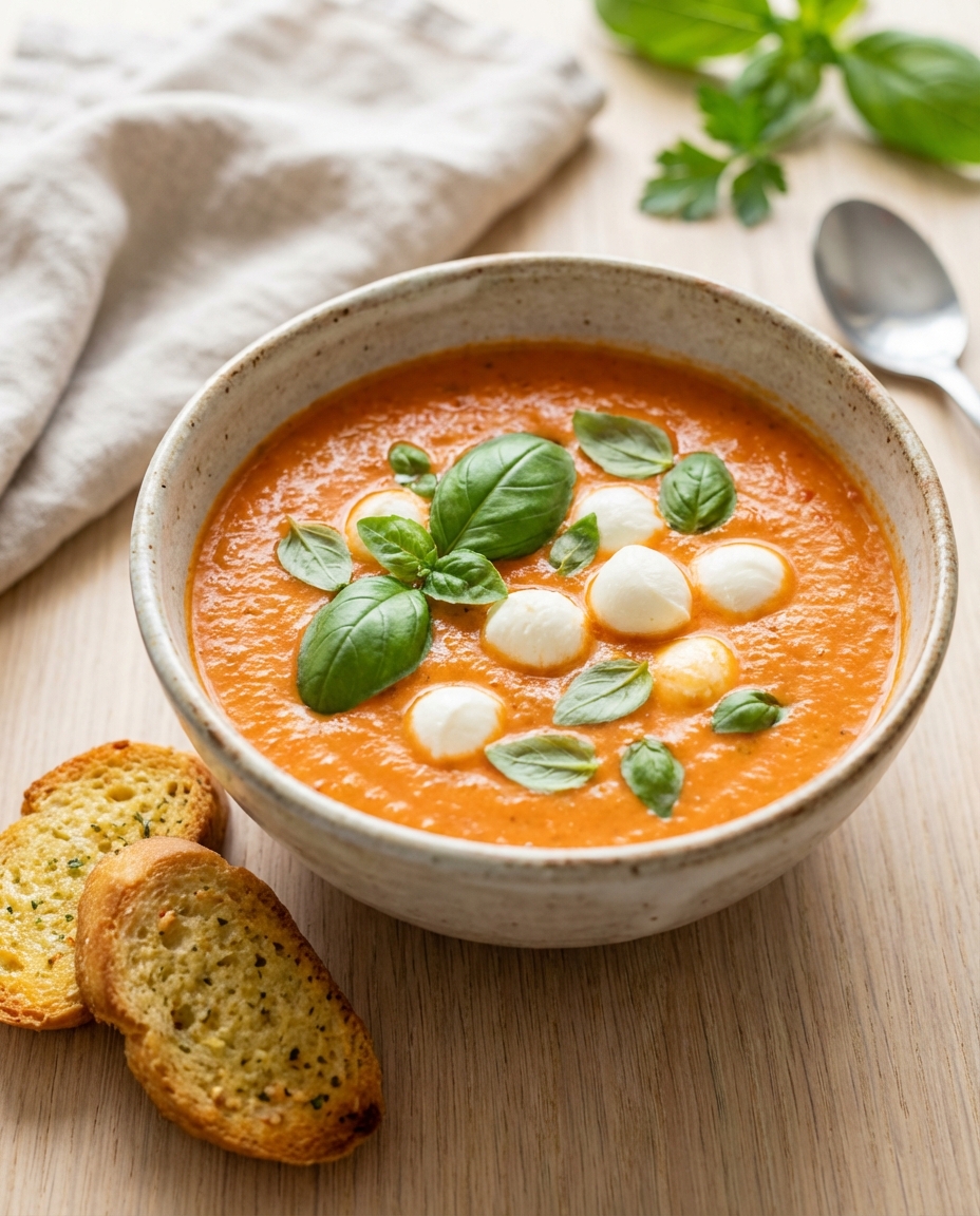 Cremige Tomatensuppe mit Basilikum und Crostini