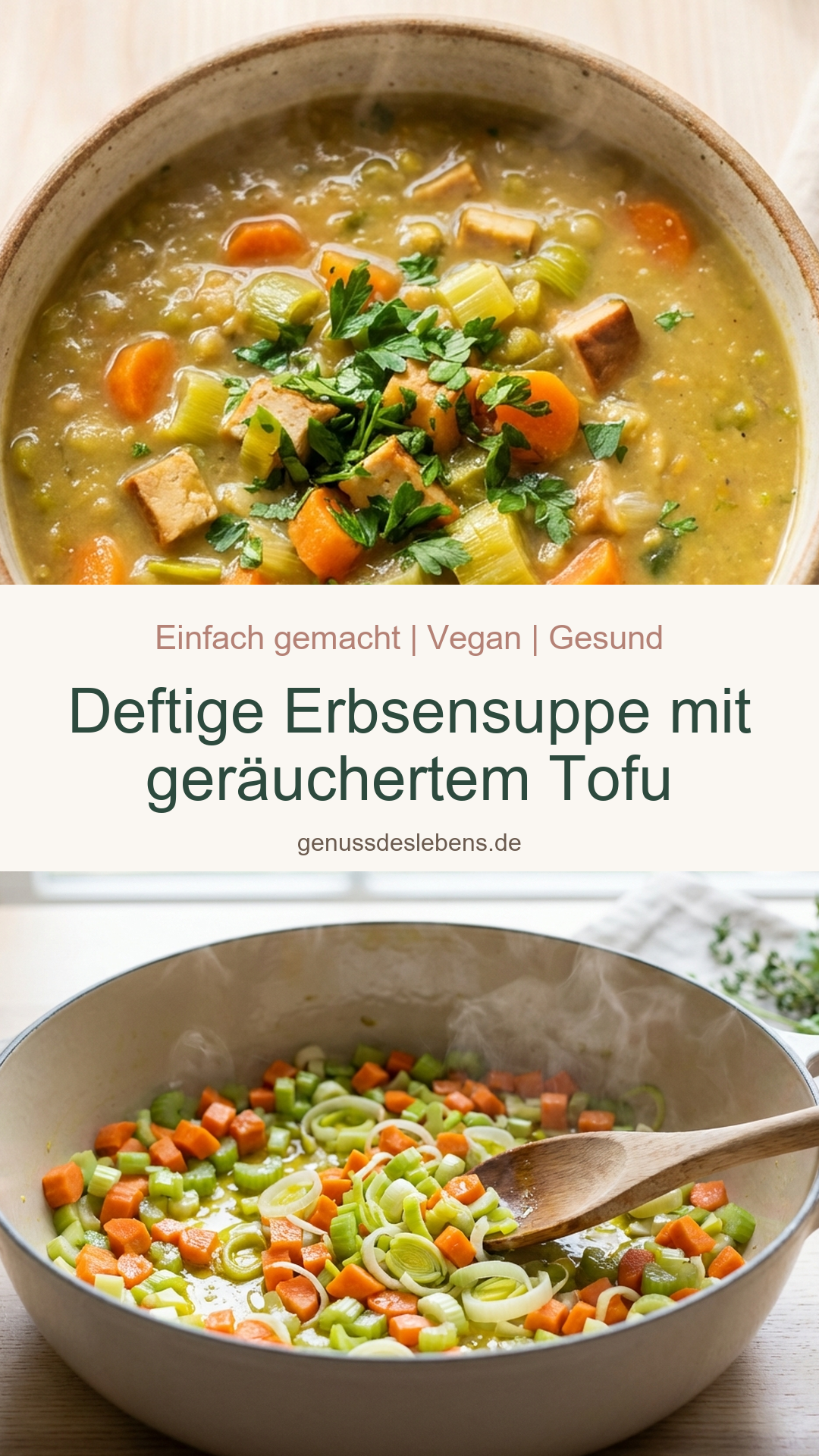 Deftige Erbsensuppe mit geräuchertem Tofu - Pin für Pinterest