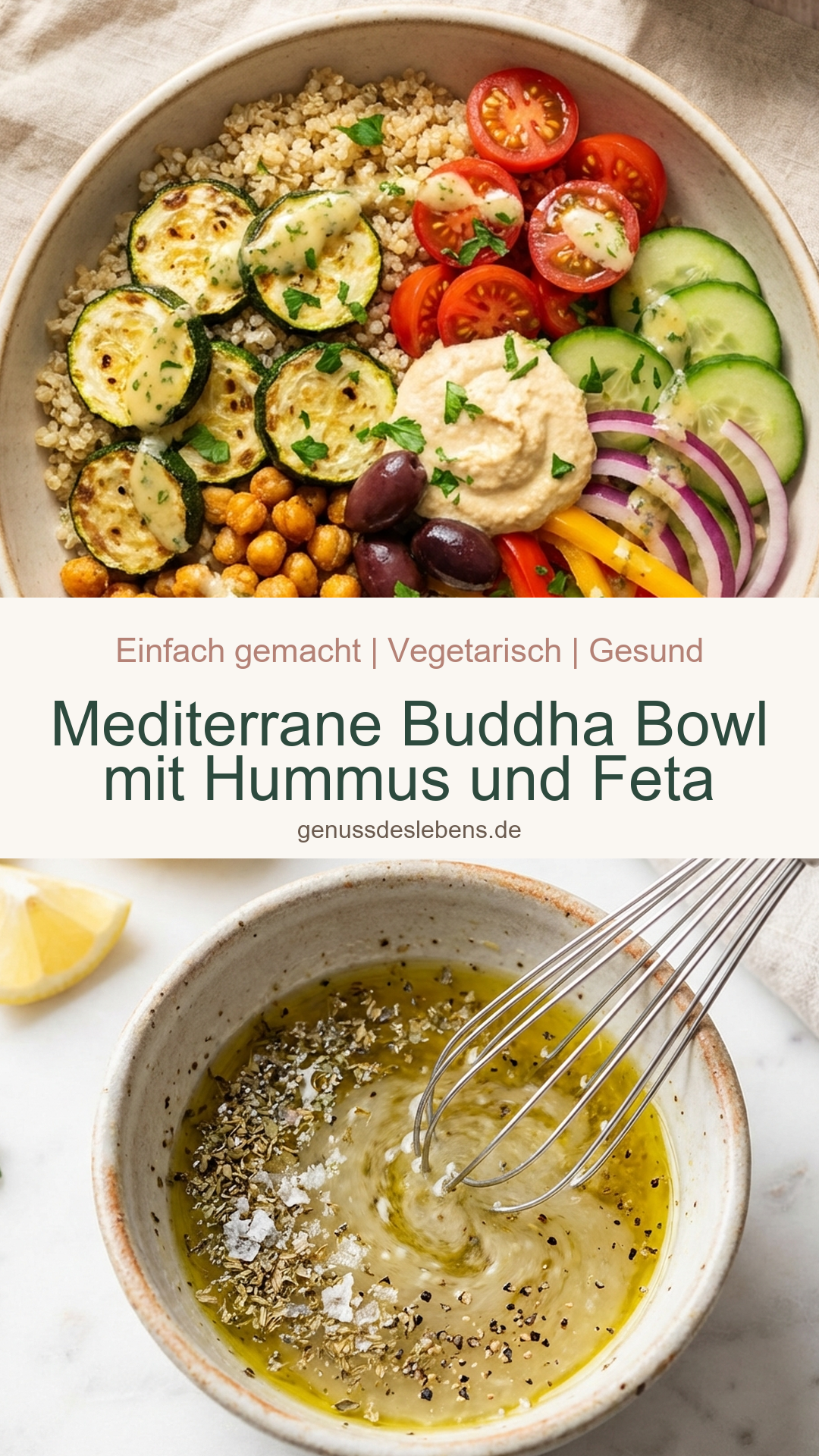 Mediterrane Buddha Bowl mit Hummus und Feta - Pin für Pinterest