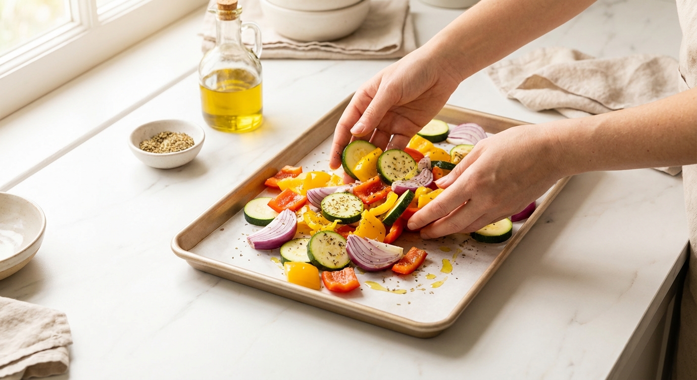 Gebackener Feta mit Ofengemüse vom Blech Zubereitung
