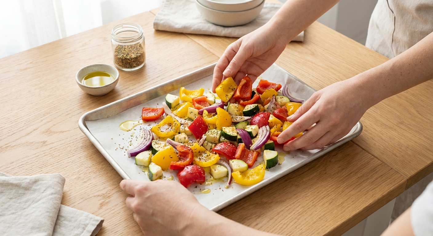 Gebackener Feta mit Ofengemüse vom Blech Zubereitung