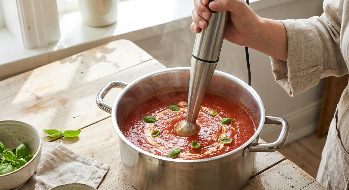 Cremige Tomatensuppe mit Basilikum und Crostini Zubereitung