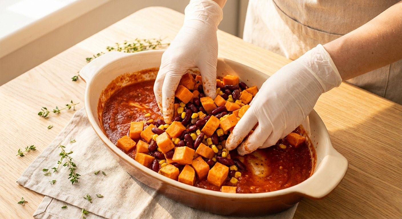 Süßkartoffel-Bohnen Auflauf Zubereitung