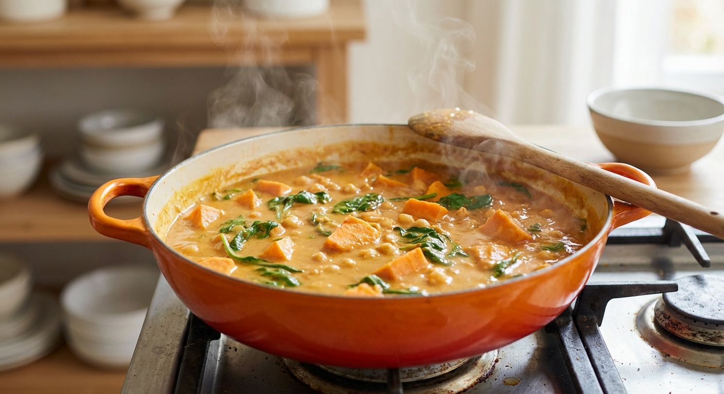 Süßkartoffel-Curry mit Kokosmilch und Kichererbsen Zubereitung