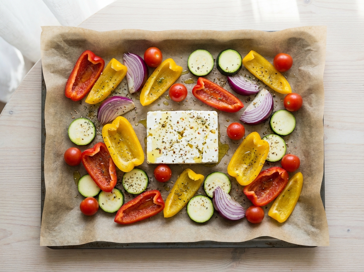 Gebackener Feta mit Ofengemüse vom Blech Zubereitung