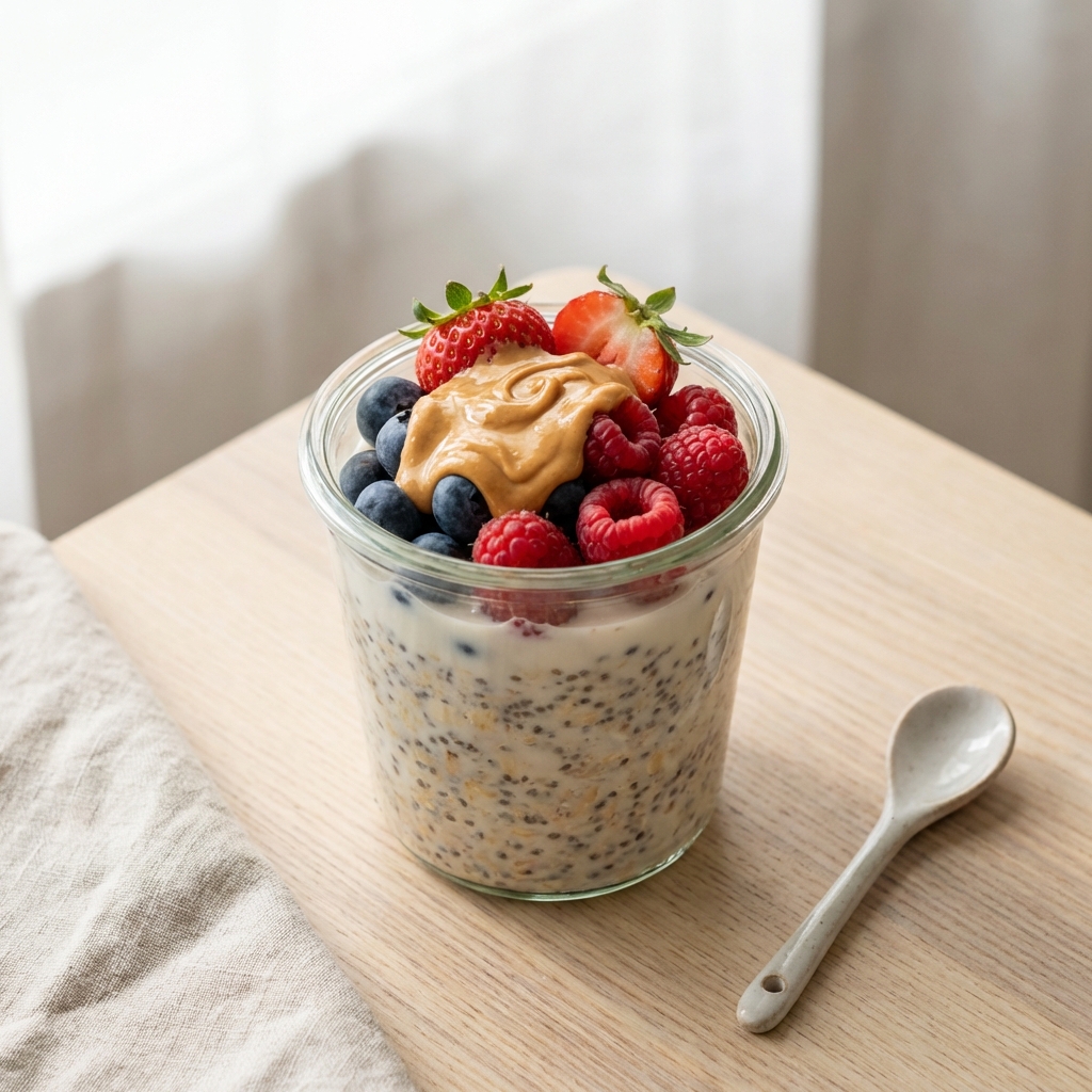 Protein-Overnight-Oats mit Beeren und Erdnussmus Zubereitung