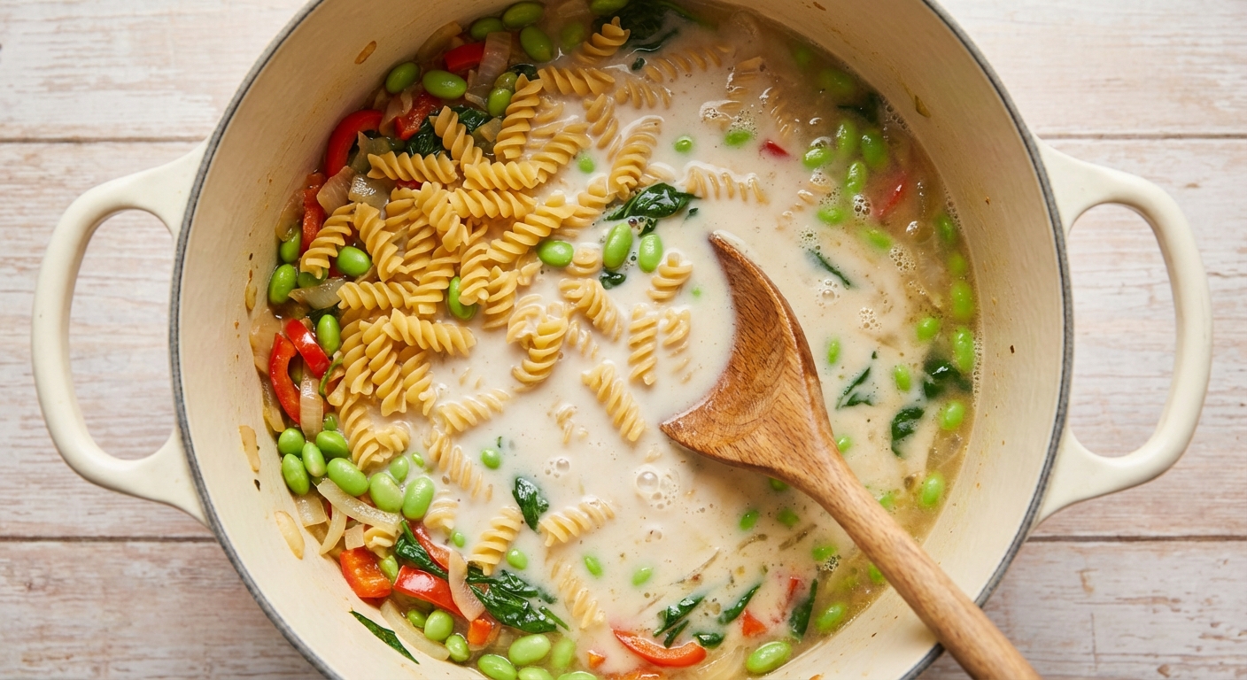 Cremige One Pot Pasta mit Feta und Edamame Zubereitung