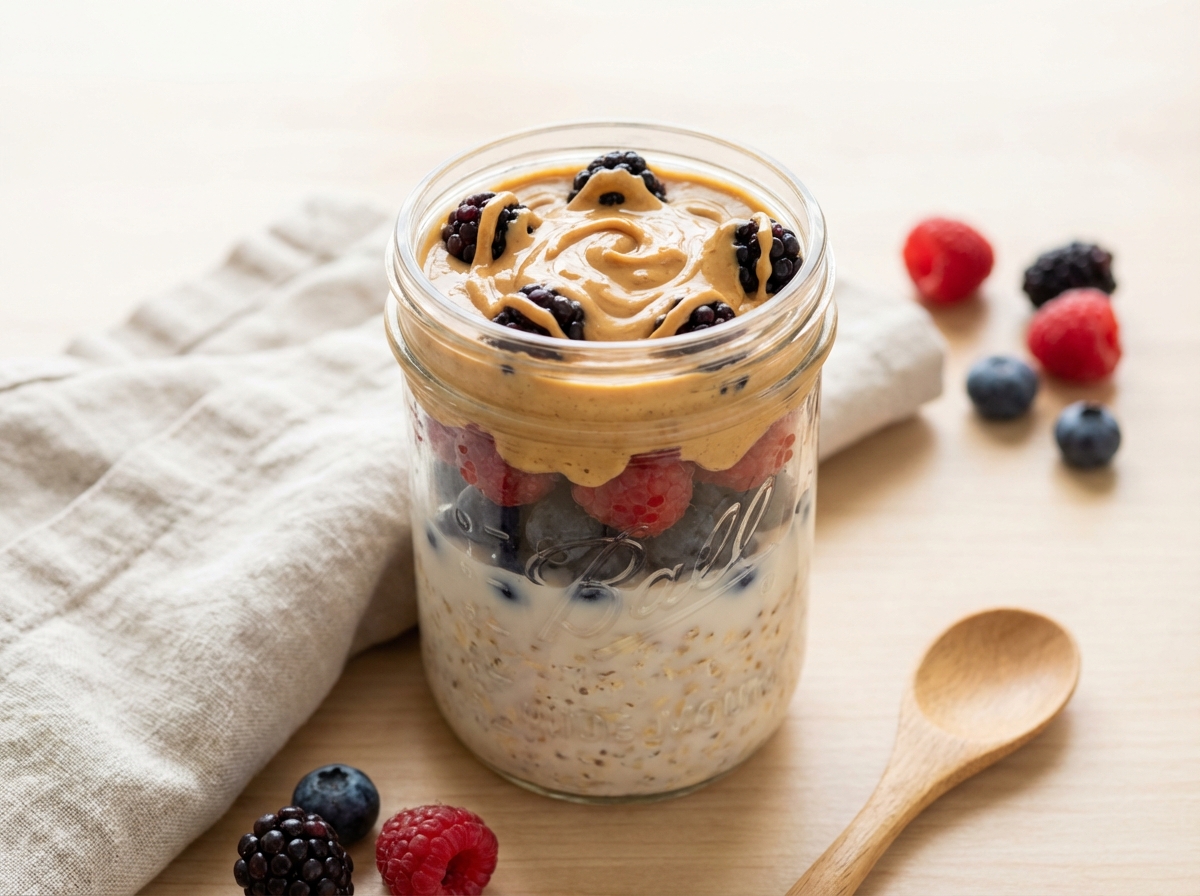 Protein-Overnight-Oats mit Beeren und Erdnussmus Zubereitung