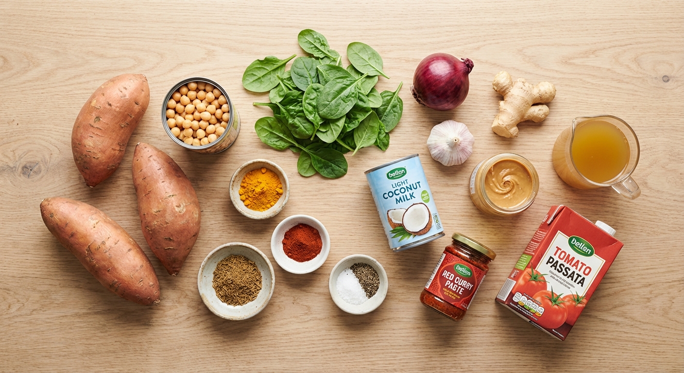 Zutaten für Süßkartoffel-Curry mit Kokosmilch und Kichererbsen