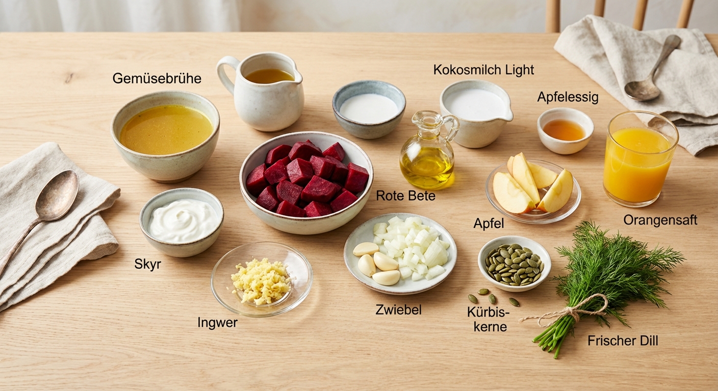 Zutaten für Cremige Rote-Beete-Suppe mit Ingwer und Apfel