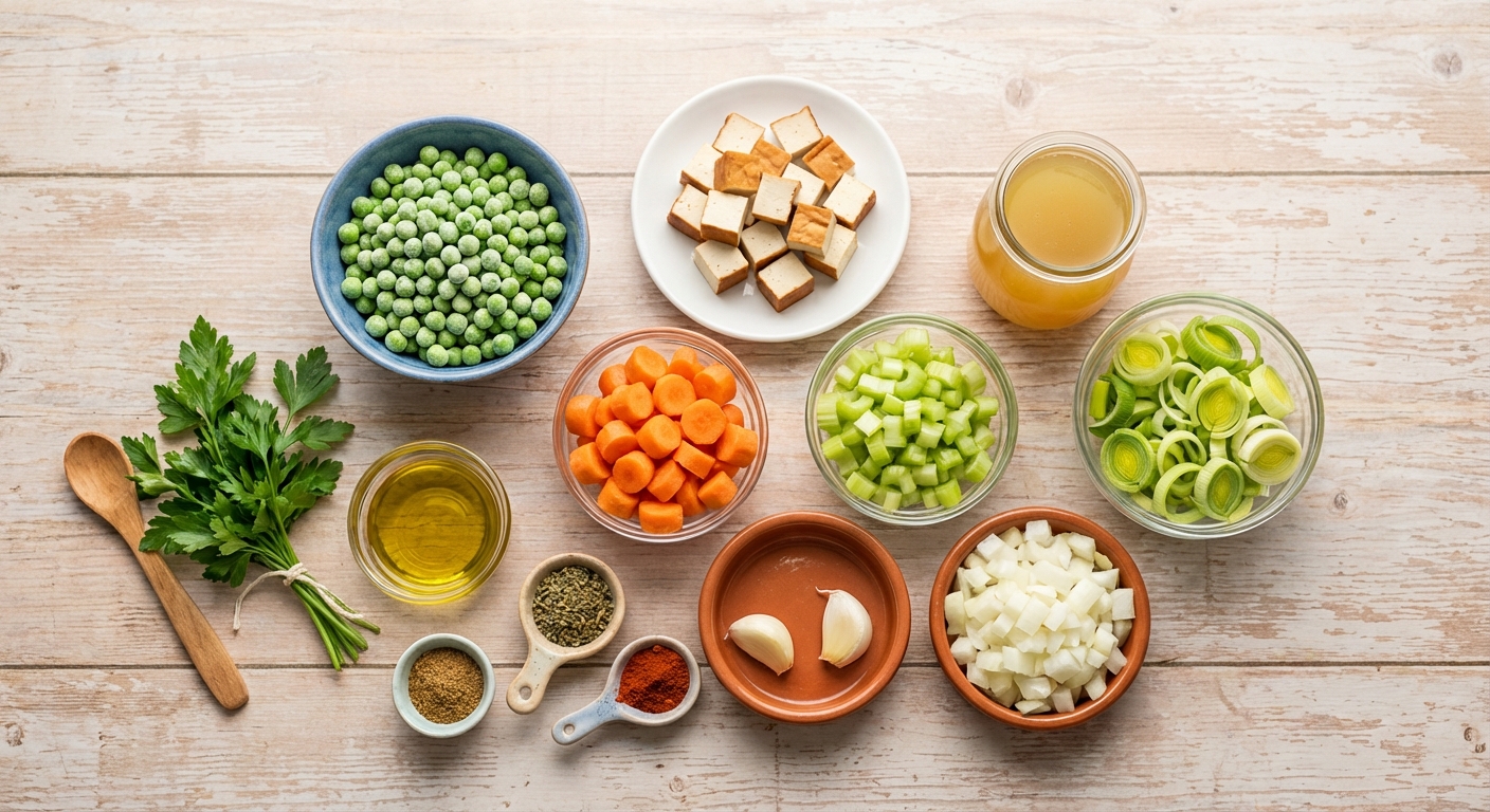 Zutaten für Deftige Erbsensuppe mit geräuchertem Tofu