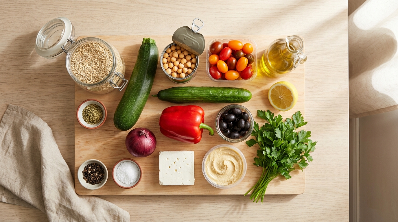 Zutaten für Mediterrane Buddha Bowl mit Hummus und Feta