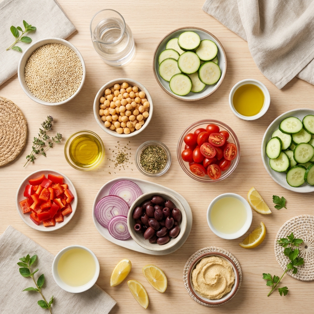 Zutaten für Mediterrane Buddha Bowl mit Hummus und Feta