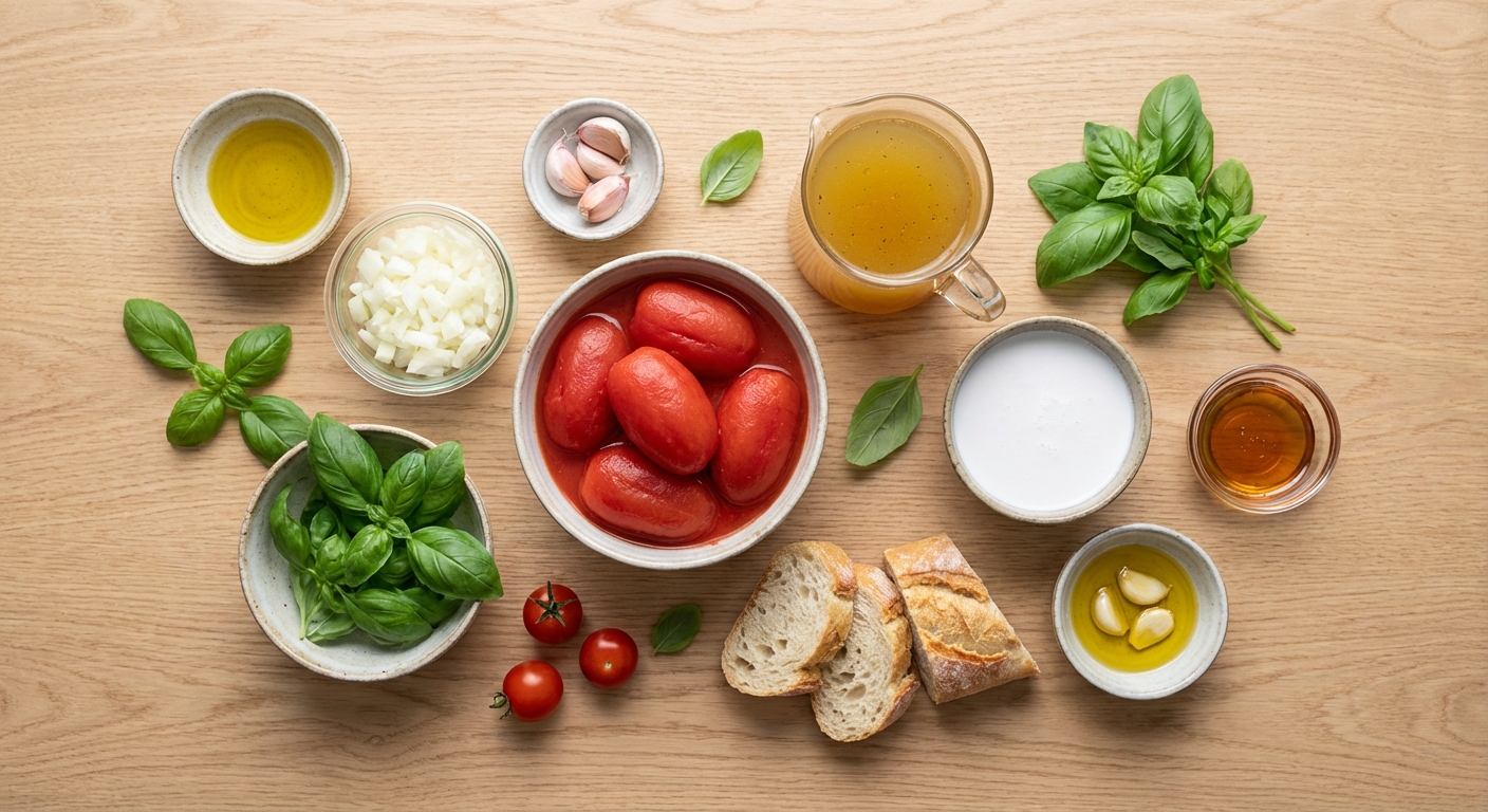 Zutaten für Cremige Tomatensuppe mit Basilikum und Crostini