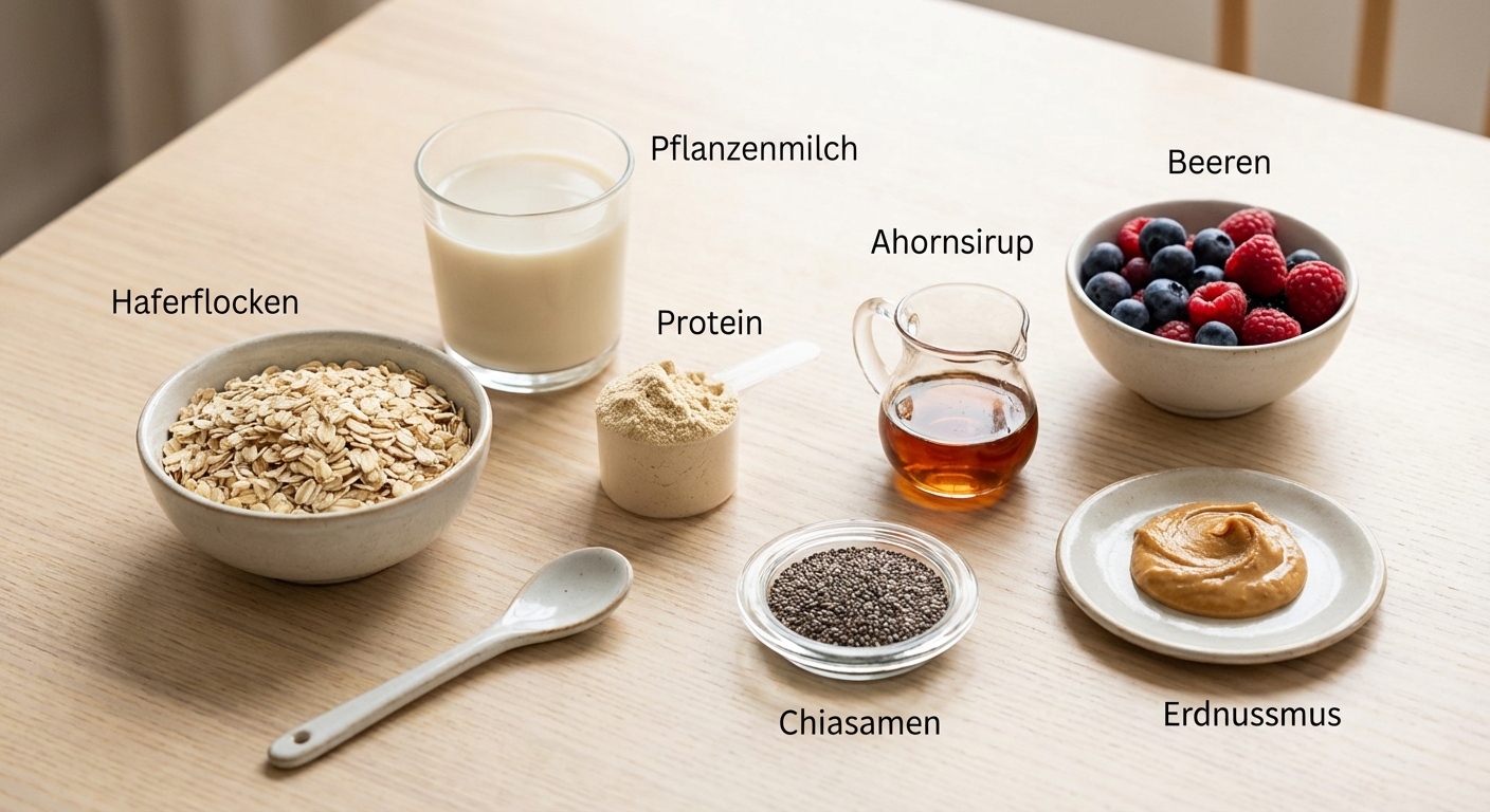 Zutaten für Protein-Overnight-Oats mit Beeren und Erdnussmus