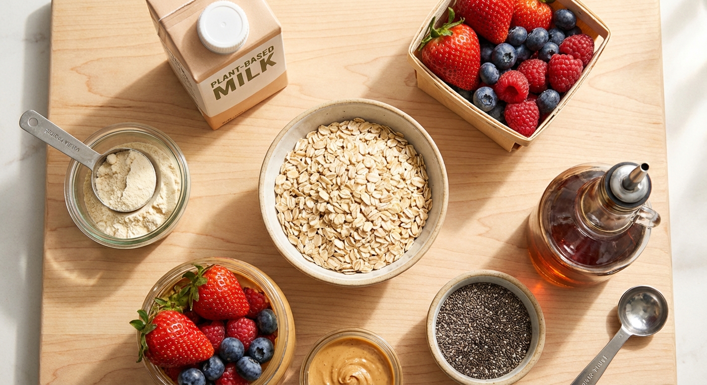 Zutaten für Protein-Overnight-Oats mit Beeren und Erdnussmus