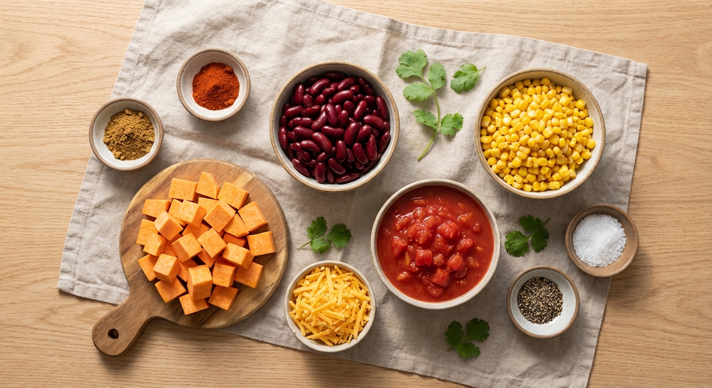 Zutaten für Süßkartoffel-Bohnen Auflauf