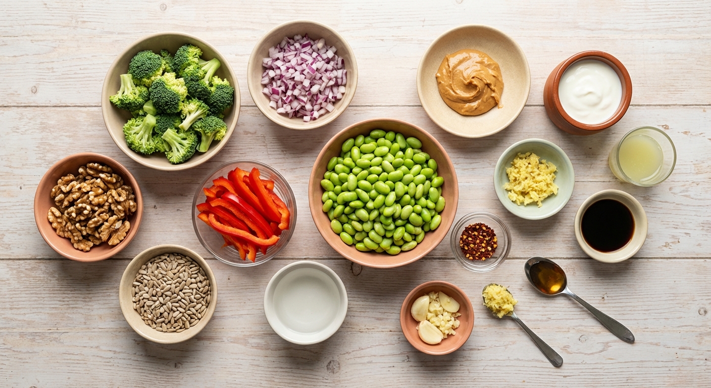 Zutaten für Brokkolisalat mit cremigem Erdnuss-Dressing