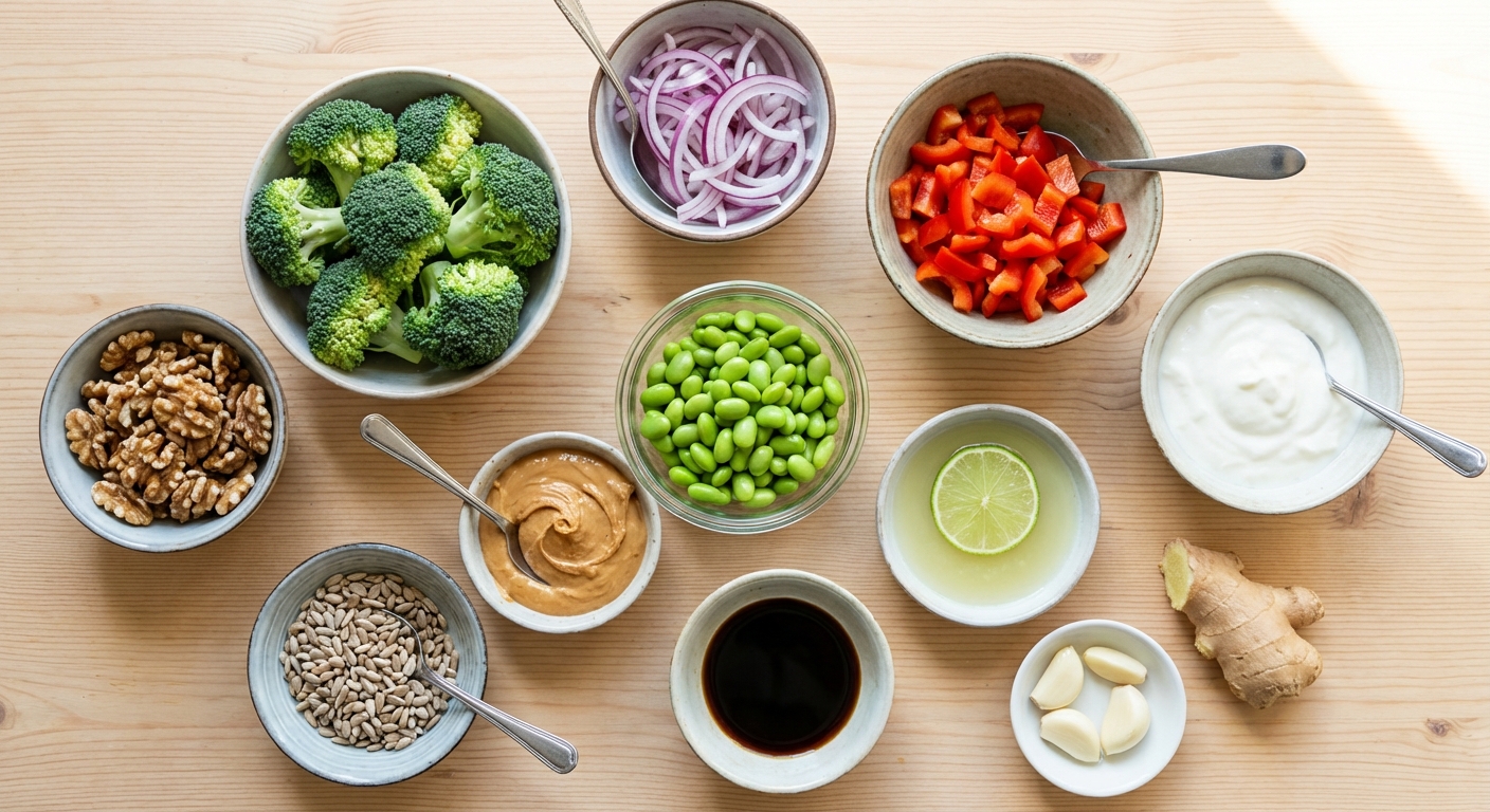 Zutaten für Brokkolisalat mit cremigem Erdnuss-Dressing