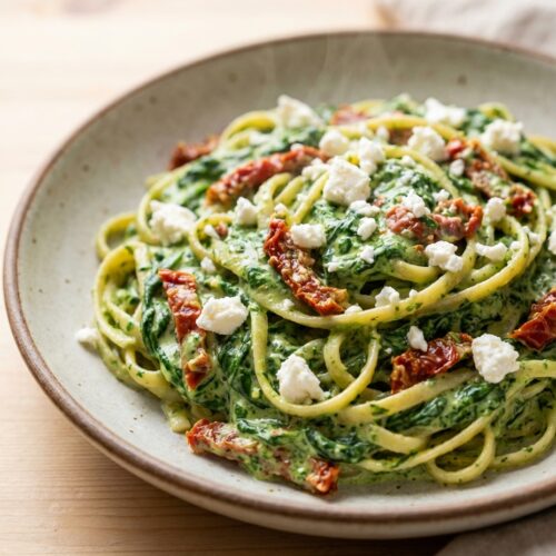 Cremige Spinat-Pasta mit getrockneten Tomaten