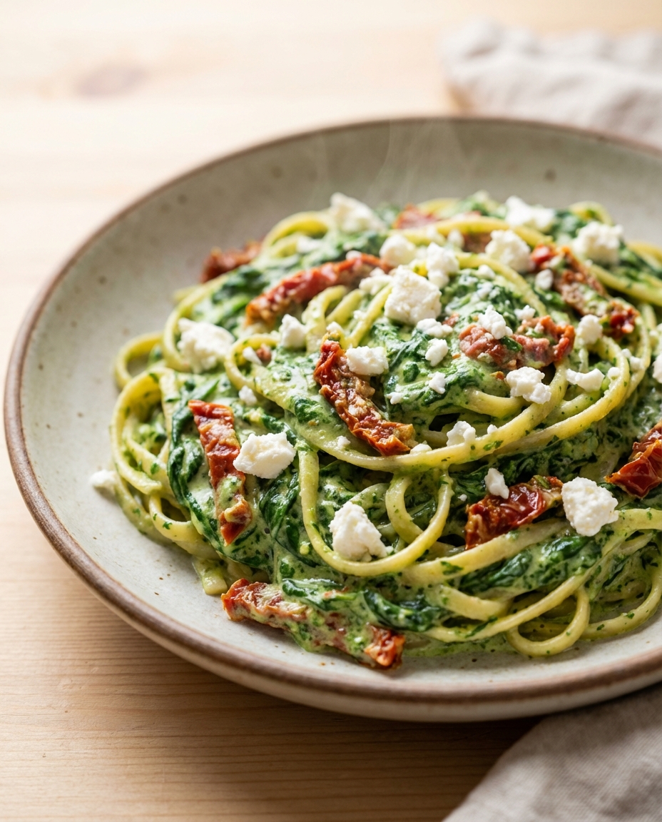 Cremige Spinat-Pasta mit getrockneten Tomaten