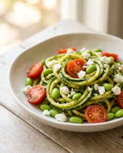 Zucchini-Nudeln mit Pesto, Kirschtomaten und Edamame