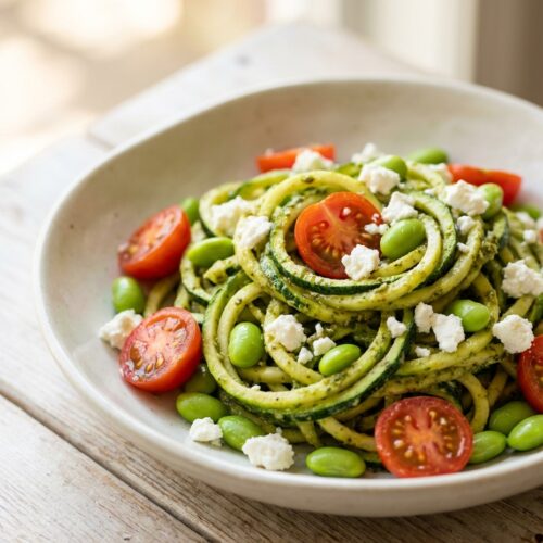 Zucchini-Nudeln mit Pesto, Kirschtomaten und Edamame
