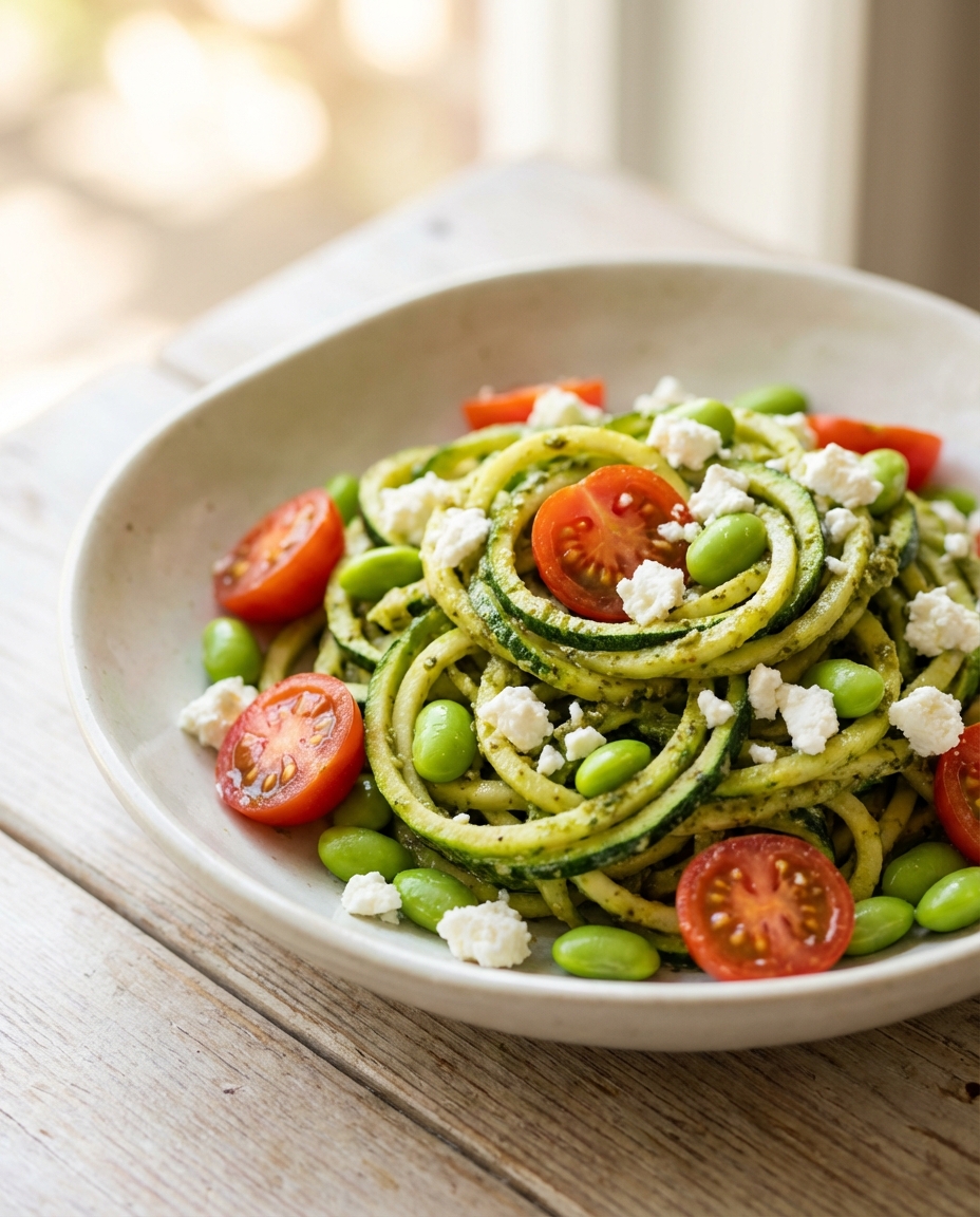 Zucchini-Nudeln mit Pesto, Kirschtomaten und Edamame