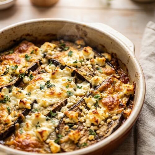 Auberginen-Auflauf mit Feta und Kichererbsen