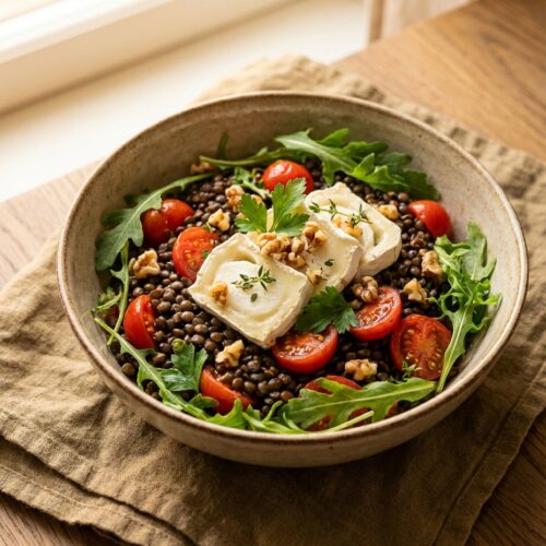 Warmer Linsensalat mit Ziegenkaese, Kirschtomaten, Rucola und Walnuessen