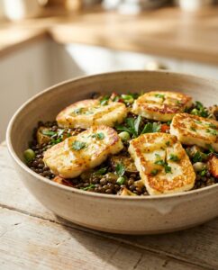 Gebratener Halloumi auf warmem Linsensalat mit Honig-Senf-Dressing