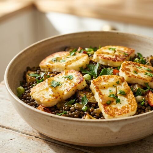 Gebratener Halloumi auf warmem Linsensalat mit Honig-Senf-Dressing