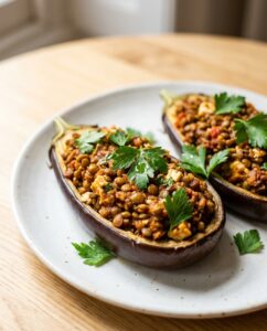 Gefüllte Auberginen mit Linsen und Feta