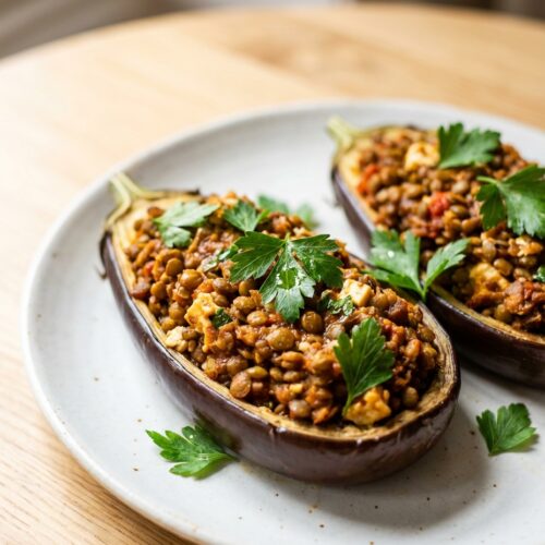 Gefüllte Auberginen mit Linsen und Feta