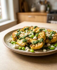 Blumenkohl-Steaks mit Kräuter-Chimichurri und Edamame