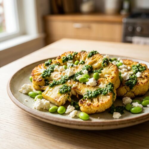 Blumenkohl-Steaks mit Kräuter-Chimichurri und Edamame