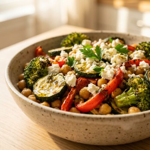 Warmer Kichererbsen-Salat mit geröstetem Gemüse