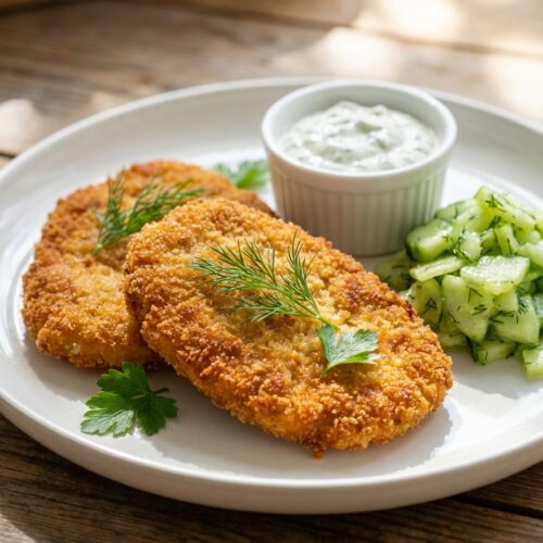 Kohlrabi-Schnitzel mit Gurkensalat und Kräuter-Dip