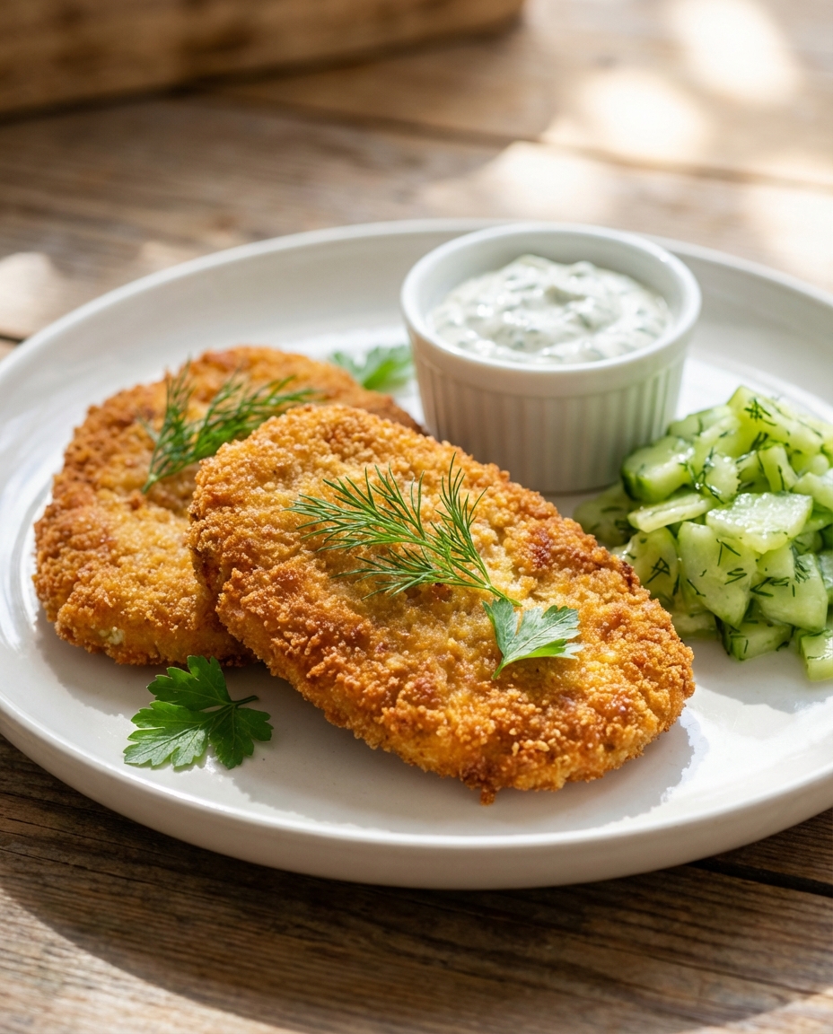 Kohlrabi-Schnitzel mit Gurkensalat und Kräuter-Dip