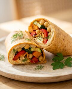 Kichererbsen-Wrap mit Hummus und Ofengemüse