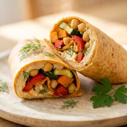 Kichererbsen-Wrap mit Hummus und Ofengemüse
